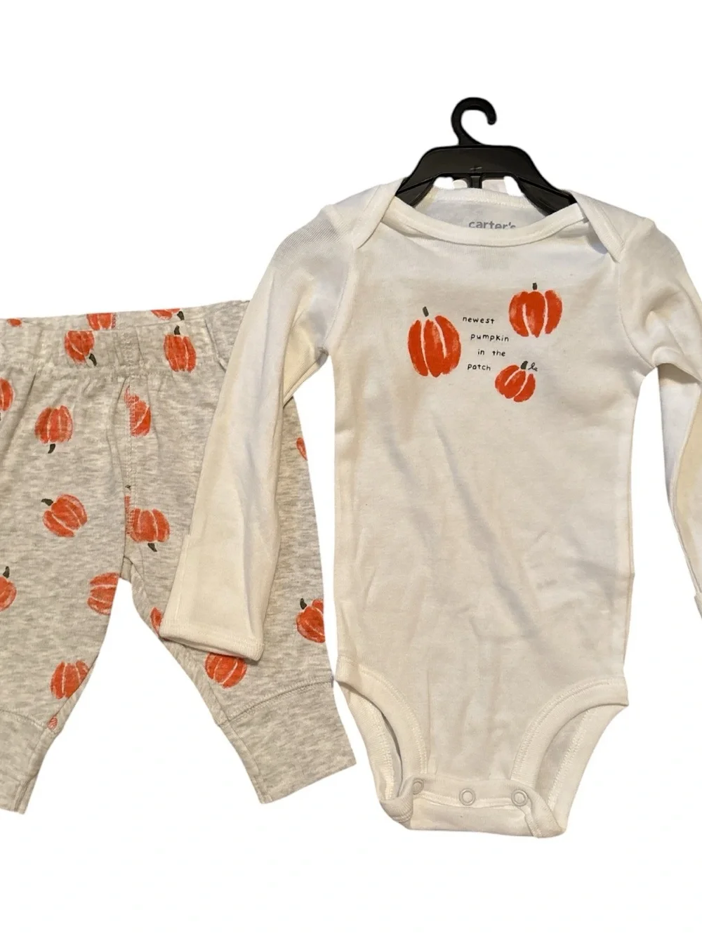 Carter's Cream Long-Sleeve Pumpkin Bodysuit with Gray Pumpkin Pants